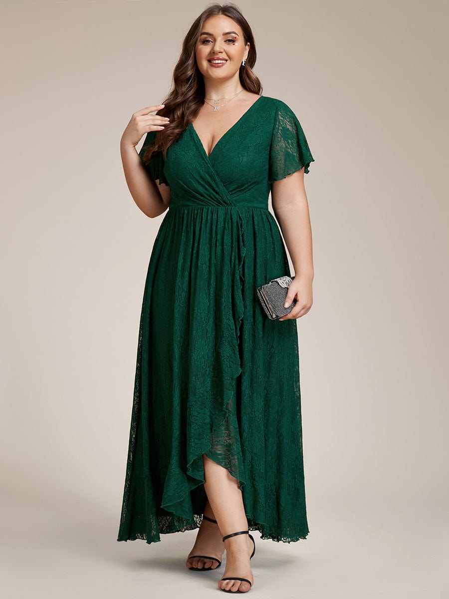 Plus Size Short Sleeve Ruffled V-Neck A-Line Lace Evening Dress #color_Dark Green