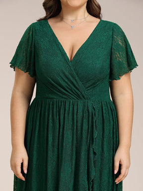 Plus Size Short Sleeve Ruffled V-Neck A-Line Lace Evening Dress