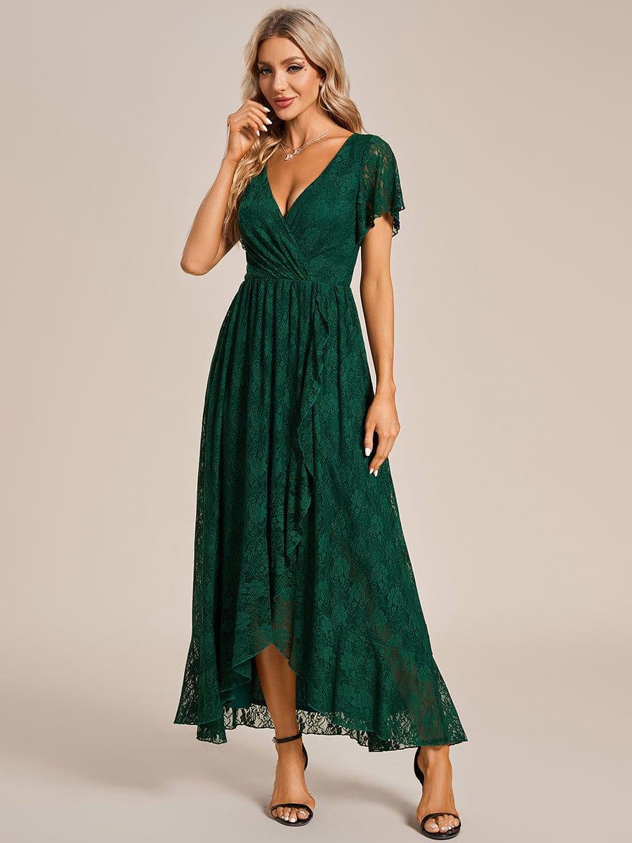 V-Neck Short Sleeve A-Line Lace Evening Dress