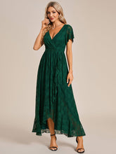 Pleated V-Neck Short Sleeve Ruffled Lace Evening Dress #color_Dark Green