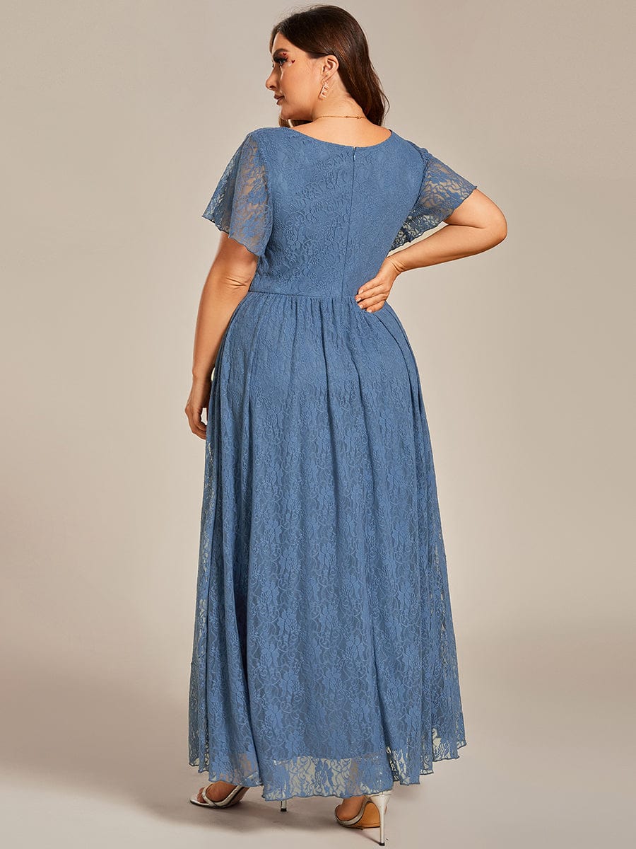 Plus Size Short Sleeve Ruffled V-Neck A-Line Lace Evening Dress #color_Dusty Navy