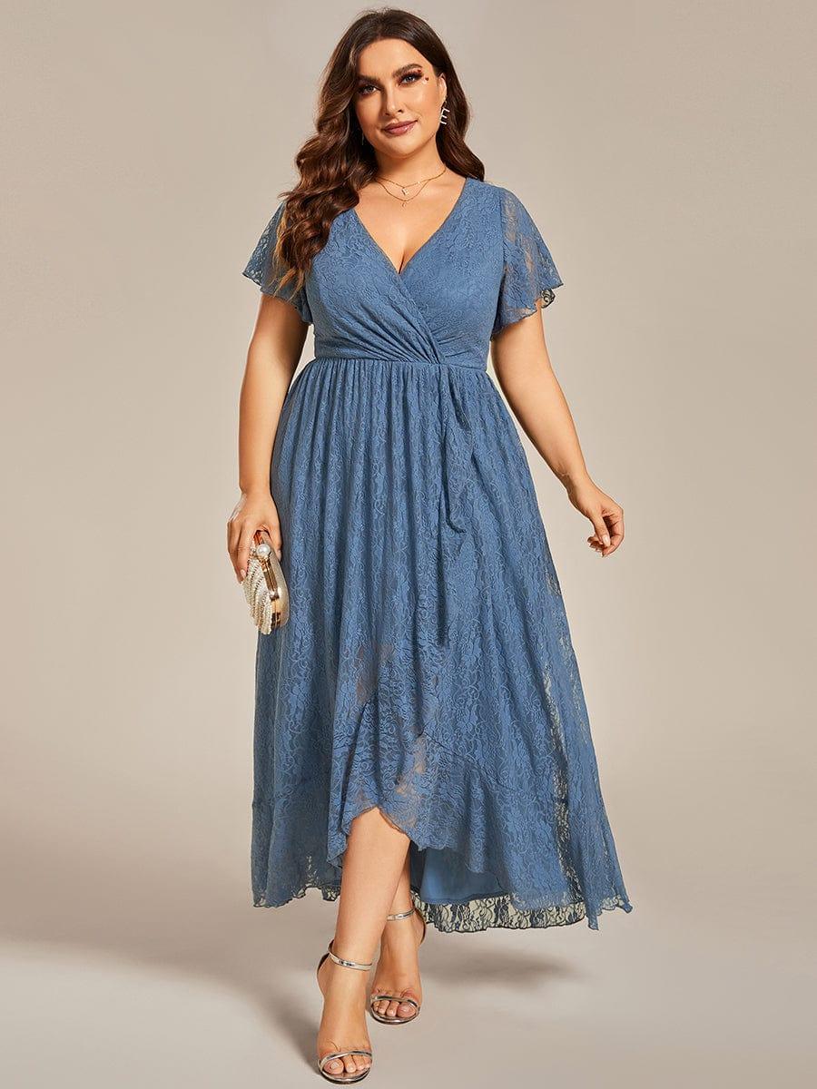 Pleated V-Neck Short Sleeve Ruffled Lace Evening Dress #color_Dusty Blue