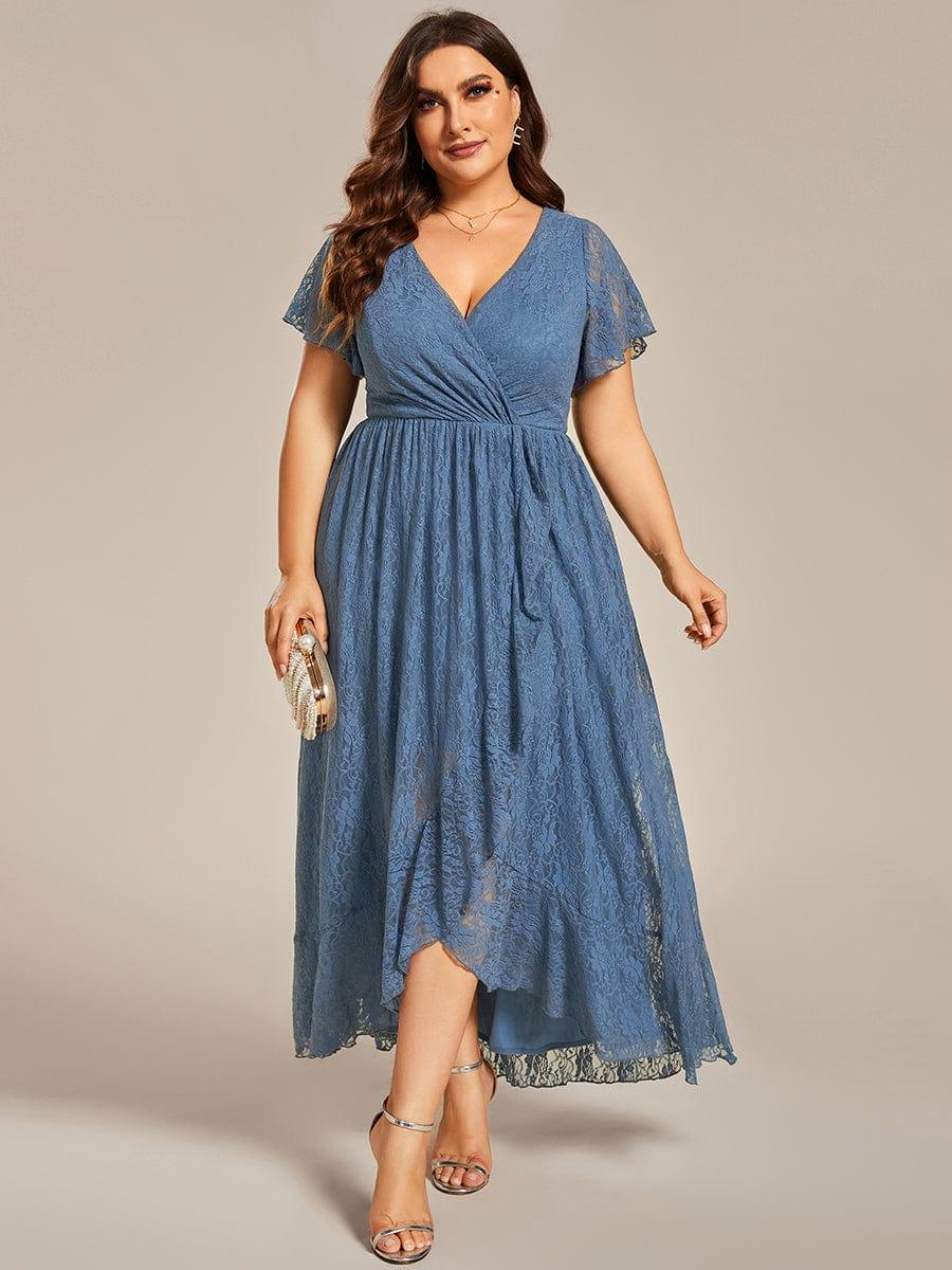 Custom Size Short Sleeve Ruffled V-Neck A-Line Lace Evening Dress #color_Dusty Blue