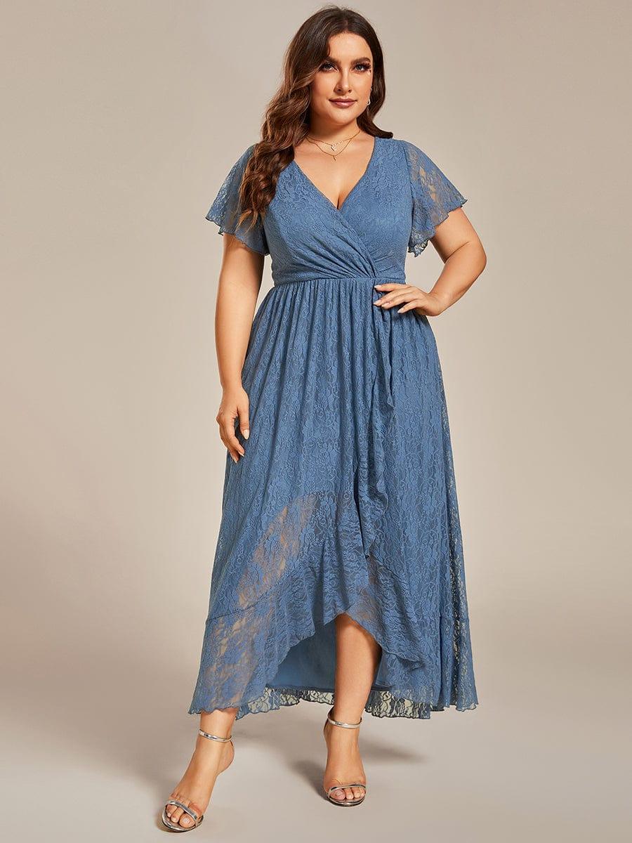 Custom Size Short Sleeve Ruffled V-Neck A-Line Lace Evening Dress #color_Dusty Blue