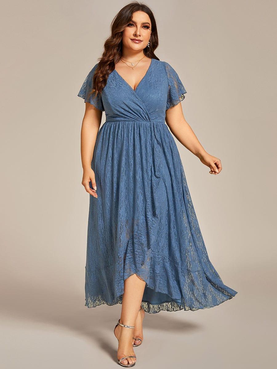 Custom Size Short Sleeve Ruffled V-Neck A-Line Lace Evening Dress #color_Dusty Blue