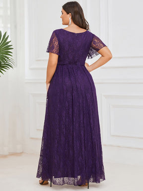 Custom Size Short Sleeve Ruffled V-Neck A-Line Lace Evening Dress