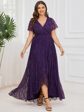 Plus Size Short Sleeve Ruffled V-Neck A-Line Lace Evening Dress