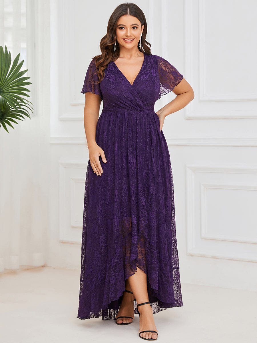 Plus Size Short Sleeve Ruffled V-Neck A-Line Lace Evening Dress #color_Dark Purple
