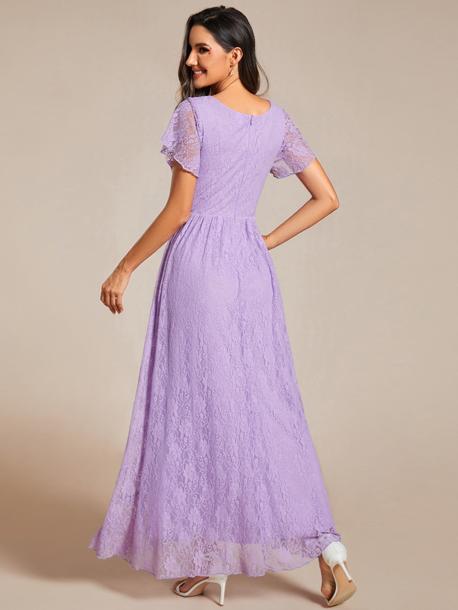 Pleated V-Neck Short Sleeve Ruffled Lace Evening Dress