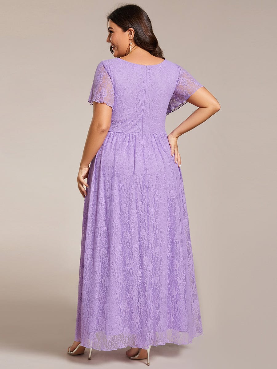 Plus Size Short Sleeve Ruffled V-Neck A-Line Lace Evening Dress #color_Lavender