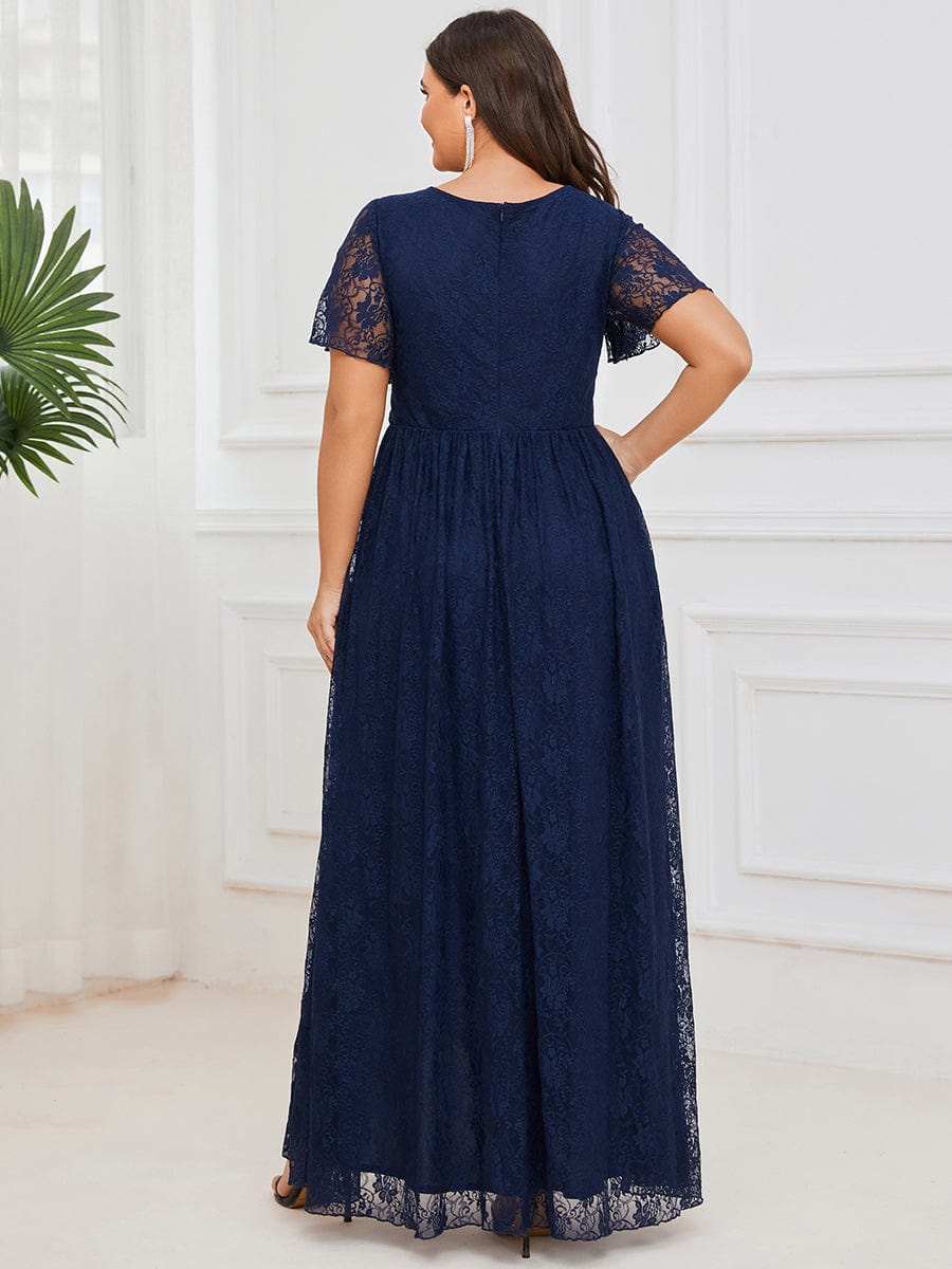 Custom Size Short Sleeve Ruffled V-Neck A-Line Lace Evening Dress #color_Navy Blue