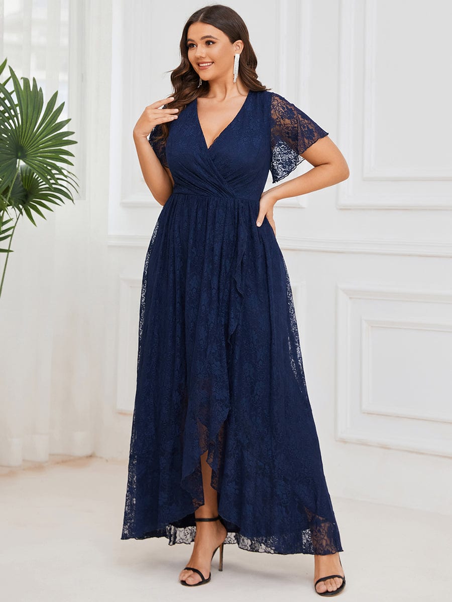 Plus Size Short Sleeve Ruffled V-Neck A-Line Lace Evening Dress #color_Navy Blue
