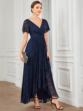 Pleated V-Neck Short Sleeve Ruffled Lace Evening Dress #color_Navy Blue
