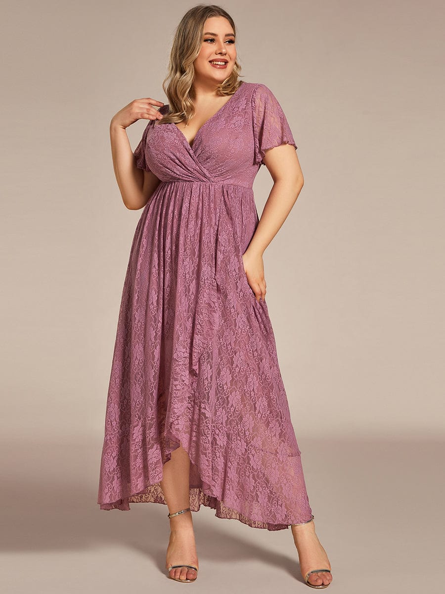 Plus Size Short Sleeve Ruffled V-Neck A-Line Lace Evening Dress #color_Purple Orchid