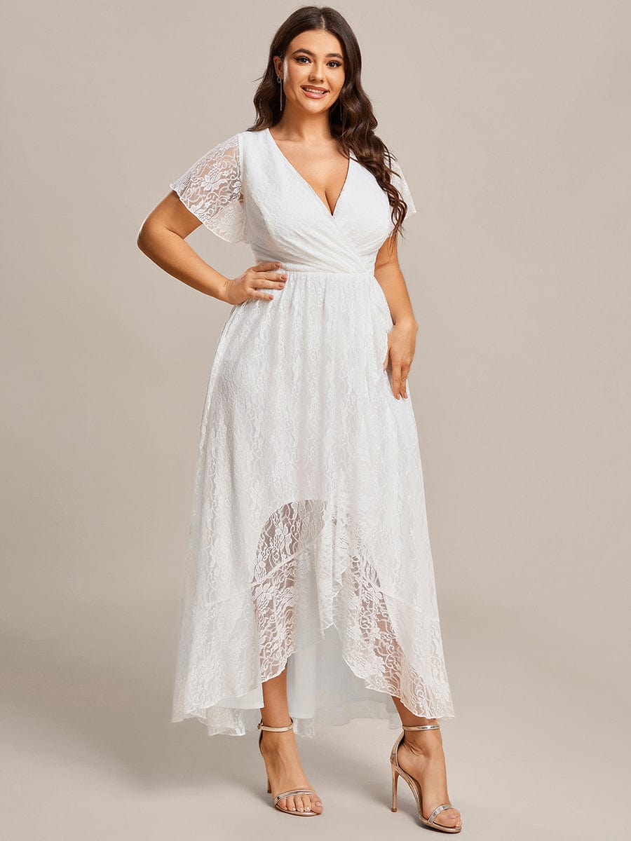 Plus Size Short Sleeve Ruffled V-Neck A-Line Lace Evening Dress #color_White