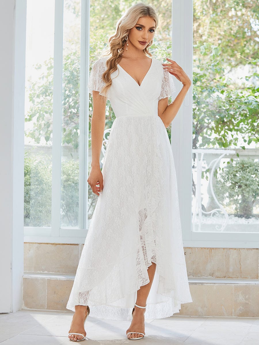 Pleated V-Neck Short Sleeve Ruffled Lace Evening Dress #color_White