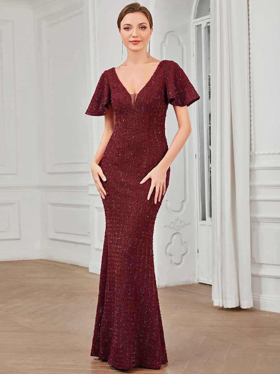 V-Neck Short Sleeve Sequin Striped Floor-Length Bodycon Evening Dress #Color_Burgundy