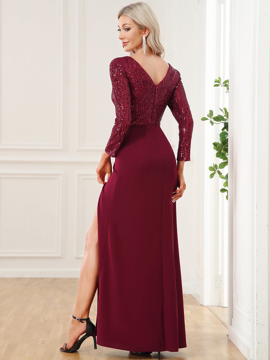 Sequin Long Sleeve V-Neck High Slit Evening Dress #Color_Burgundy