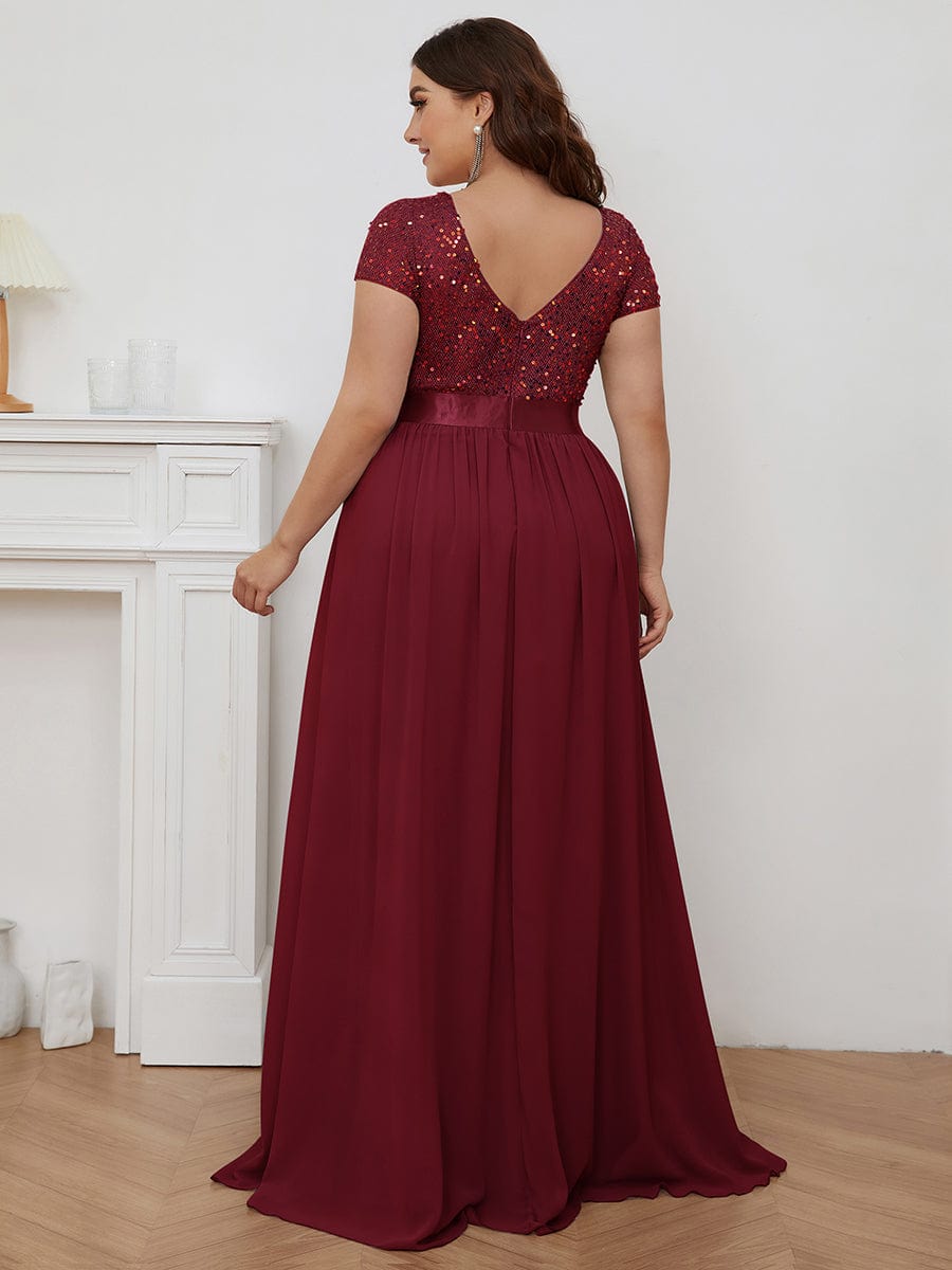 Custom Size Sequin Bodice Cap Sleeve Empire Waist Evening Dress #color_Burgundy