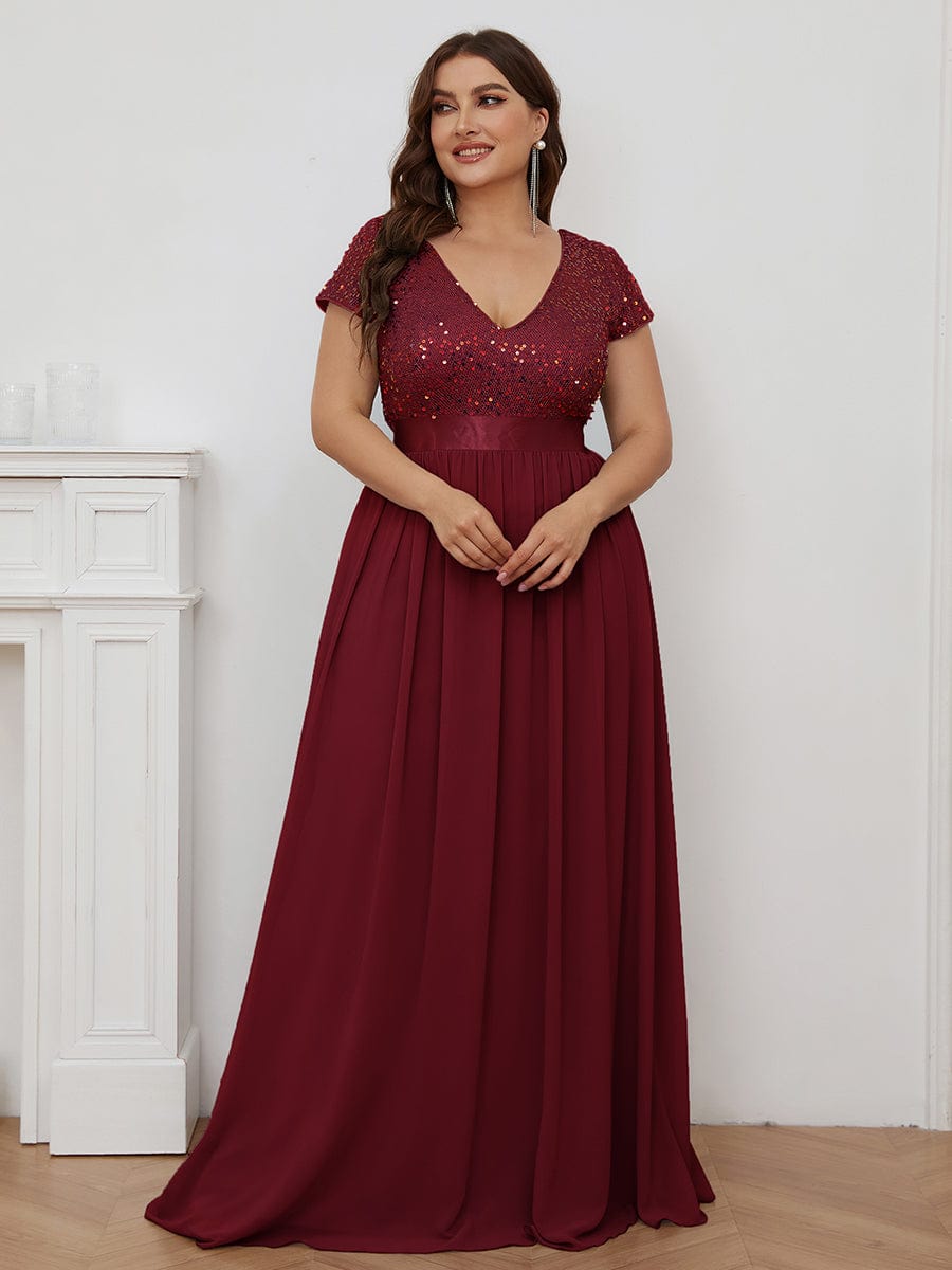 Custom Size Sequin Bodice Cap Sleeve Empire Waist Evening Dress #color_Burgundy