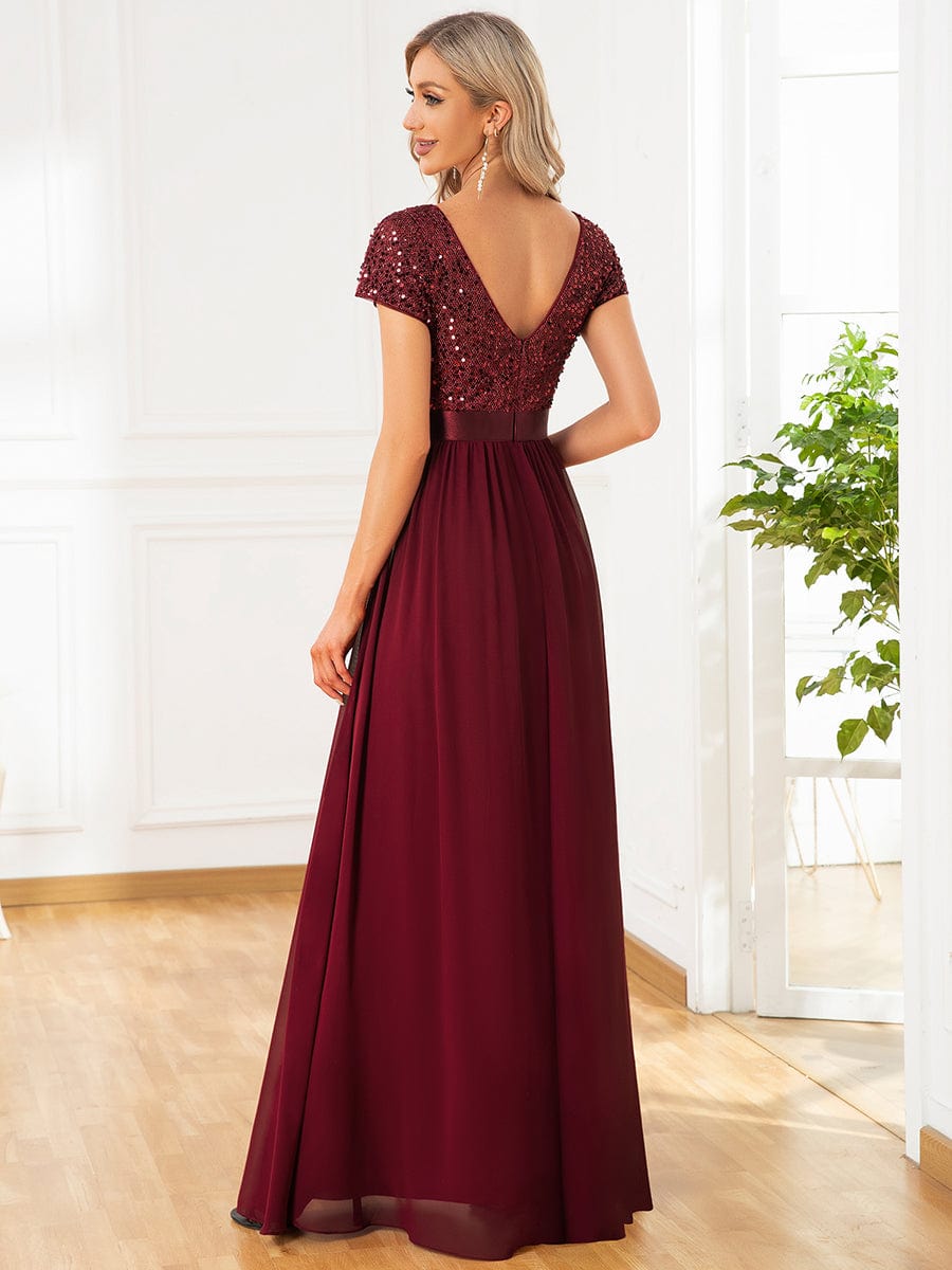 Empire Waist V-Neck Cap Sleeve Chiffon Evening Dress #color_Burgundy