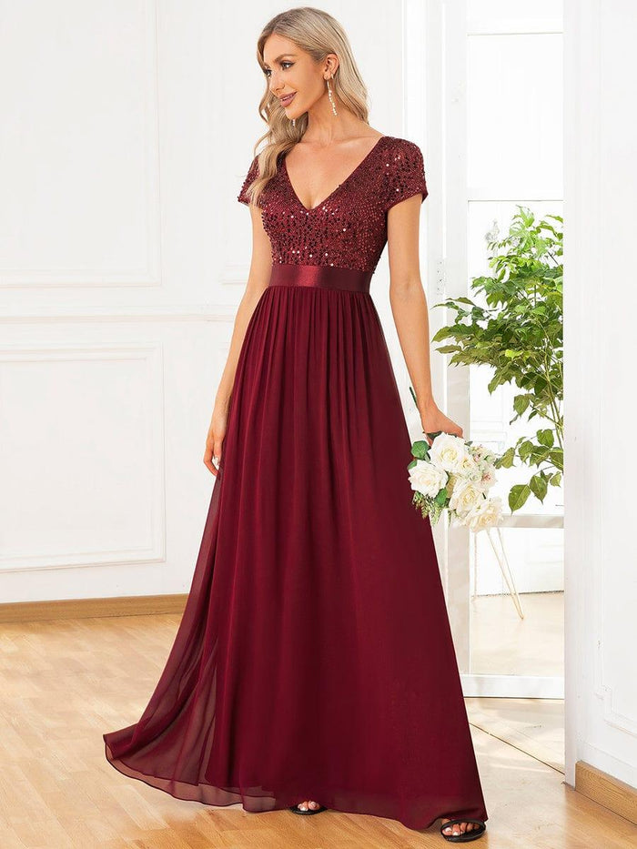 Sequin Capped Sleeve Empire Waist Pleated Evening Dress