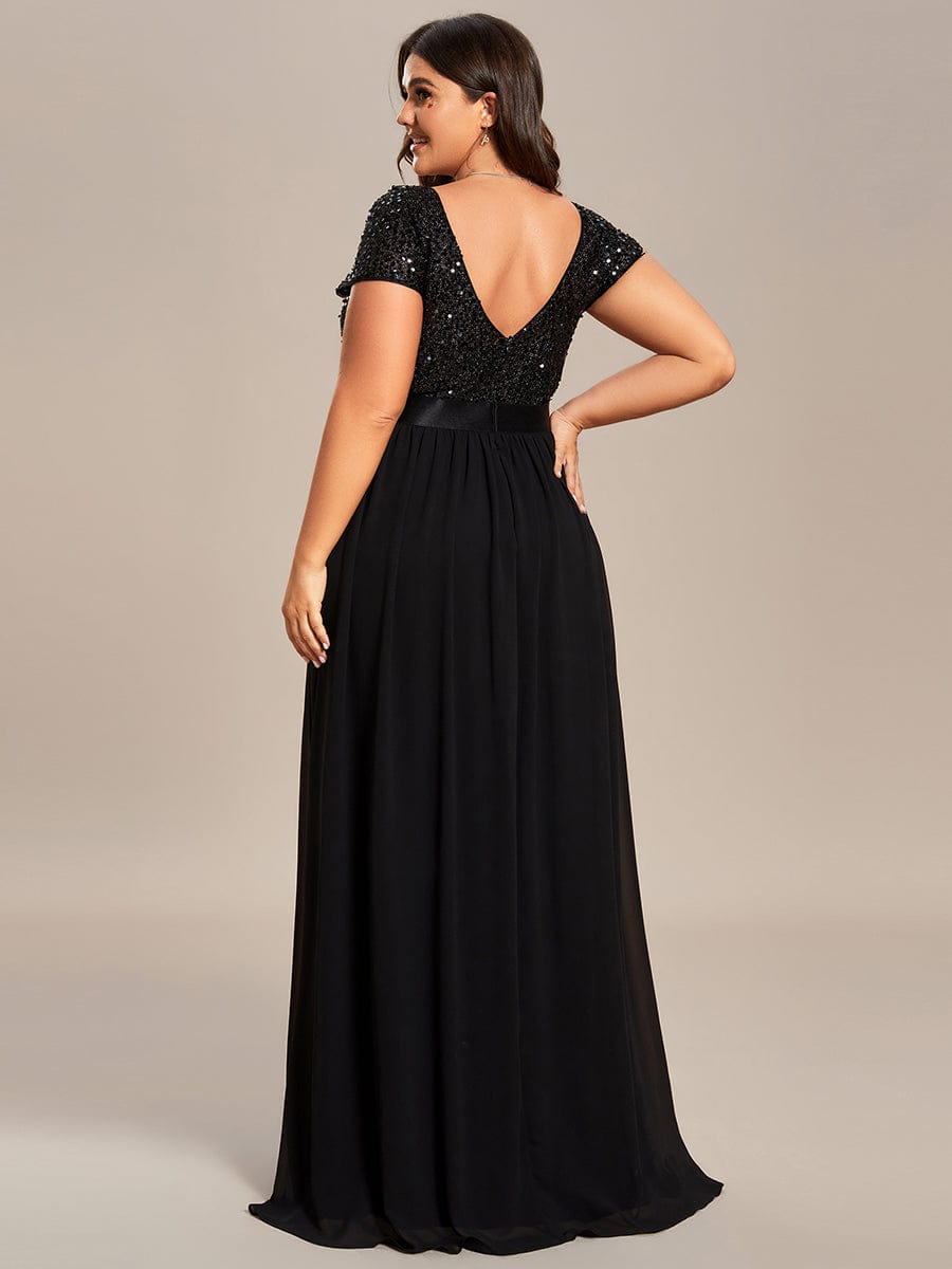 Plus Size Empire Waist V-Neck Cap Sleeve Chiffon Evening Dress #color_Black