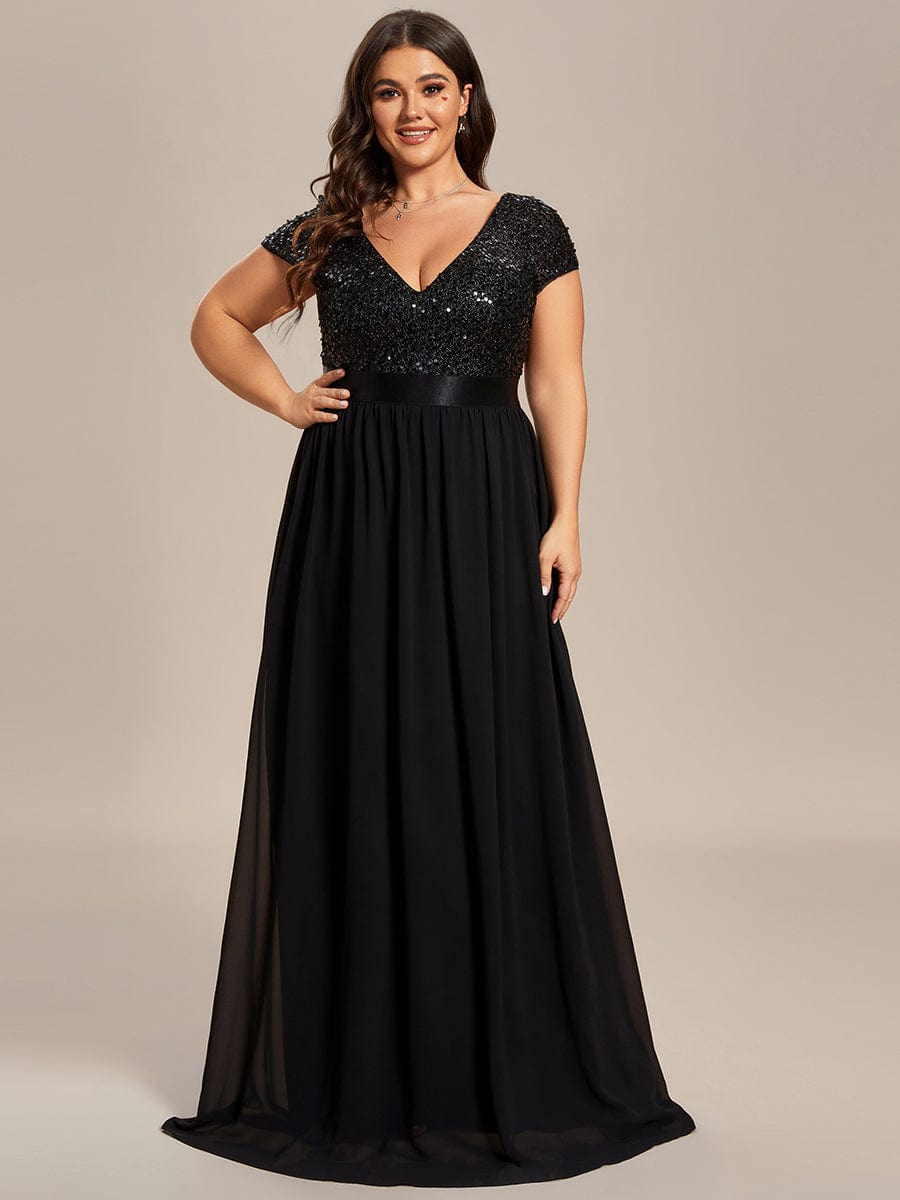 Custom Size Sequin Bodice Cap Sleeve Empire Waist Evening Dress #color_Black