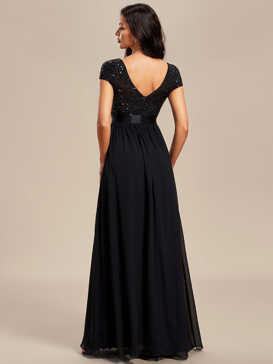 Empire Waist V-Neck Cap Sleeve Chiffon Evening Dress #color_Black