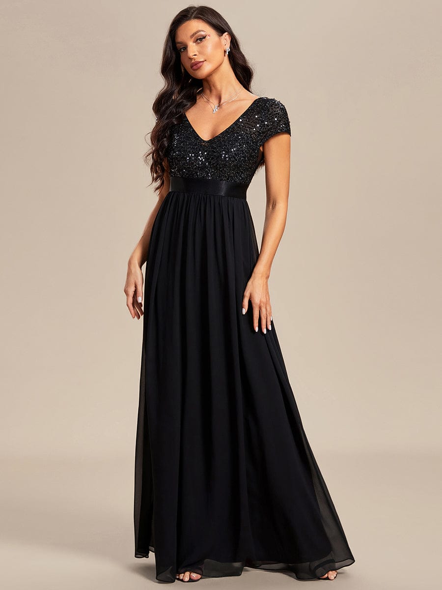 Empire Waist V-Neck Cap Sleeve Chiffon Evening Dress #color_Black