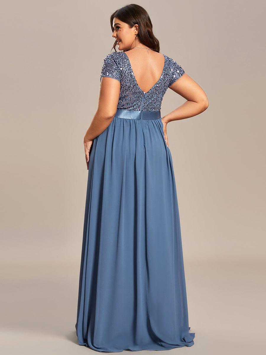 Plus Size Empire Waist V-Neck Cap Sleeve Chiffon Evening Dress #color_Dusty Navy