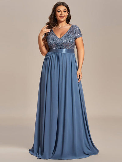 Plus Size Empire Waist V-Neck Cap Sleeve Chiffon Evening Dress #color_Dusty Blue