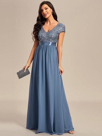 Empire Waist V-Neck Cap Sleeve Chiffon Evening Dress #color_Dusty Blue