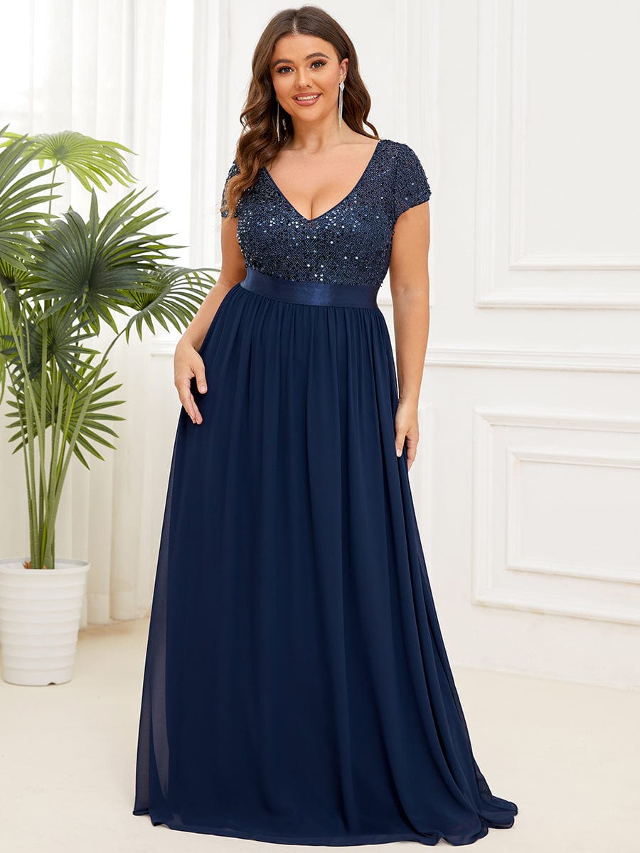 Custom Size Sequin Bodice Cap Sleeve Empire Waist Evening Dress #color_Navy Blue