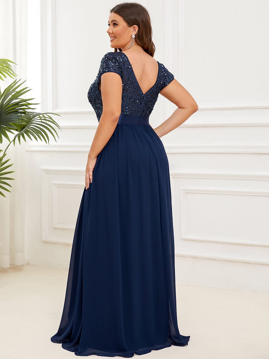 Plus Size Empire Waist V-Neck Cap Sleeve Chiffon Evening Dress #color_Navy Blue