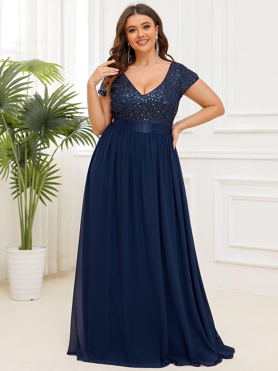 Sequin Capped Sleeve Empire Waist Pleated Plus Size Evening Dress 
