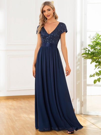Empire Waist V-Neck Cap Sleeve Chiffon Evening Dress #color_Navy Blue
