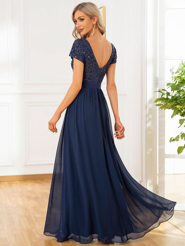 Sequin Capped Sleeve Empire Waist Pleated Evening Dress