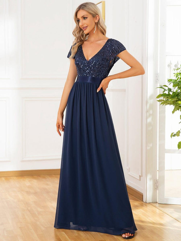 Sequin Capped Sleeve Empire Waist Pleated Evening Dress