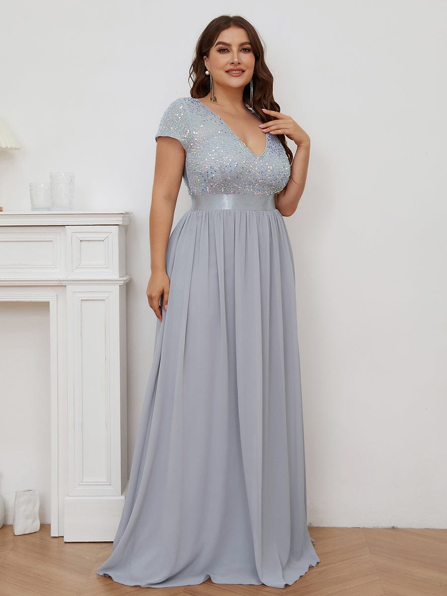 Custom Size Sequin Bodice Cap Sleeve Empire Waist Evening Dress #color_Silver