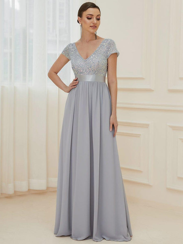 Sequin Capped Sleeve Empire Waist Pleated Evening Dress