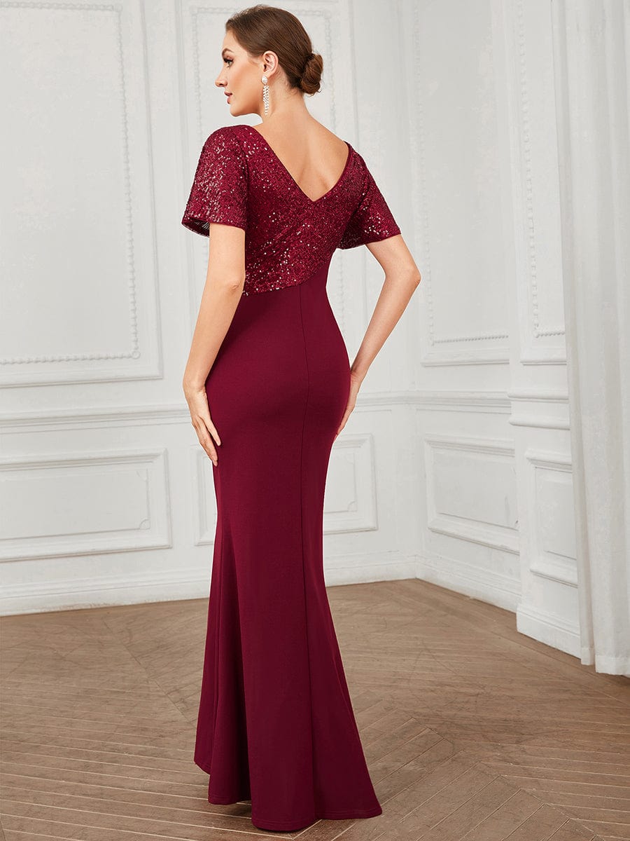 Sequin Short Sleeve Top Cinched Waist Column Evening Dress #Color_Burgundy