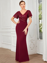 Sequin Short Sleeve Top Cinched Waist Column Evening Dress #Color_Burgundy