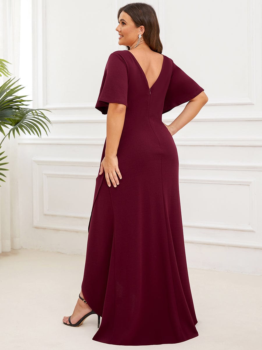 Plus Size V-Neck Pleated Short Sleeve Ruffled Front Slit Evening Dress #color_Burgundy