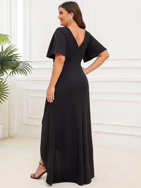 Plus Size V-Neck Pleated Short Sleeve Ruffled Front Slit Evening Dress