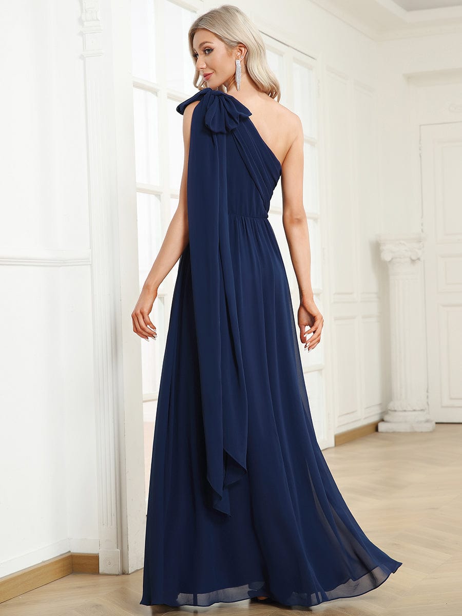 Embellished Waist Asymmetrical One Shoulder Chiffon Evening Dress #Color_Navy Blue
