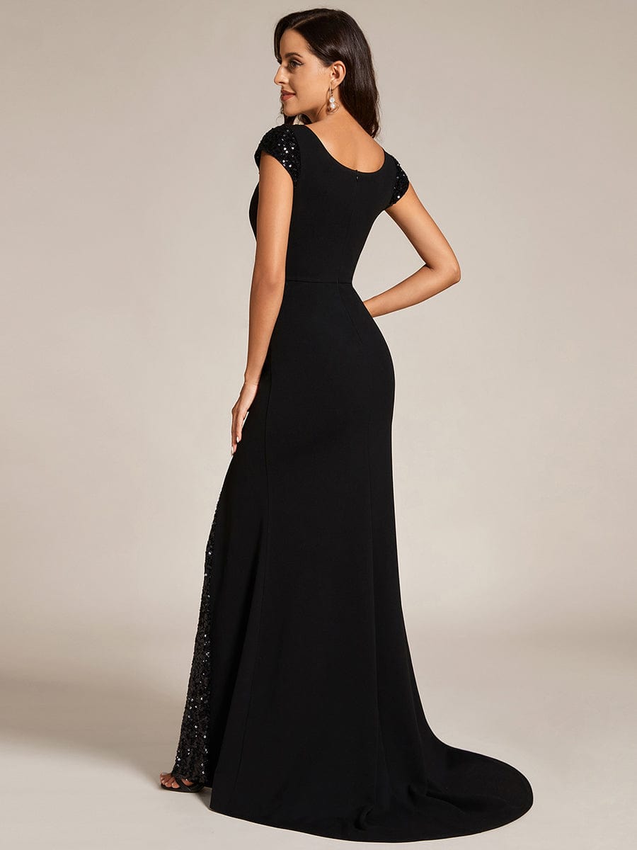 Custom Size Sequin Deep V Trail Sequin Fashion Evening Dress #color_Black