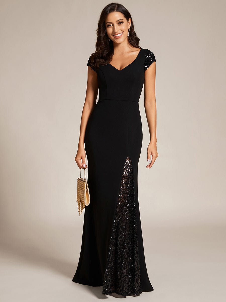 Custom Size Sequin Deep V Trail Sequin Fashion Evening Dress #color_Black