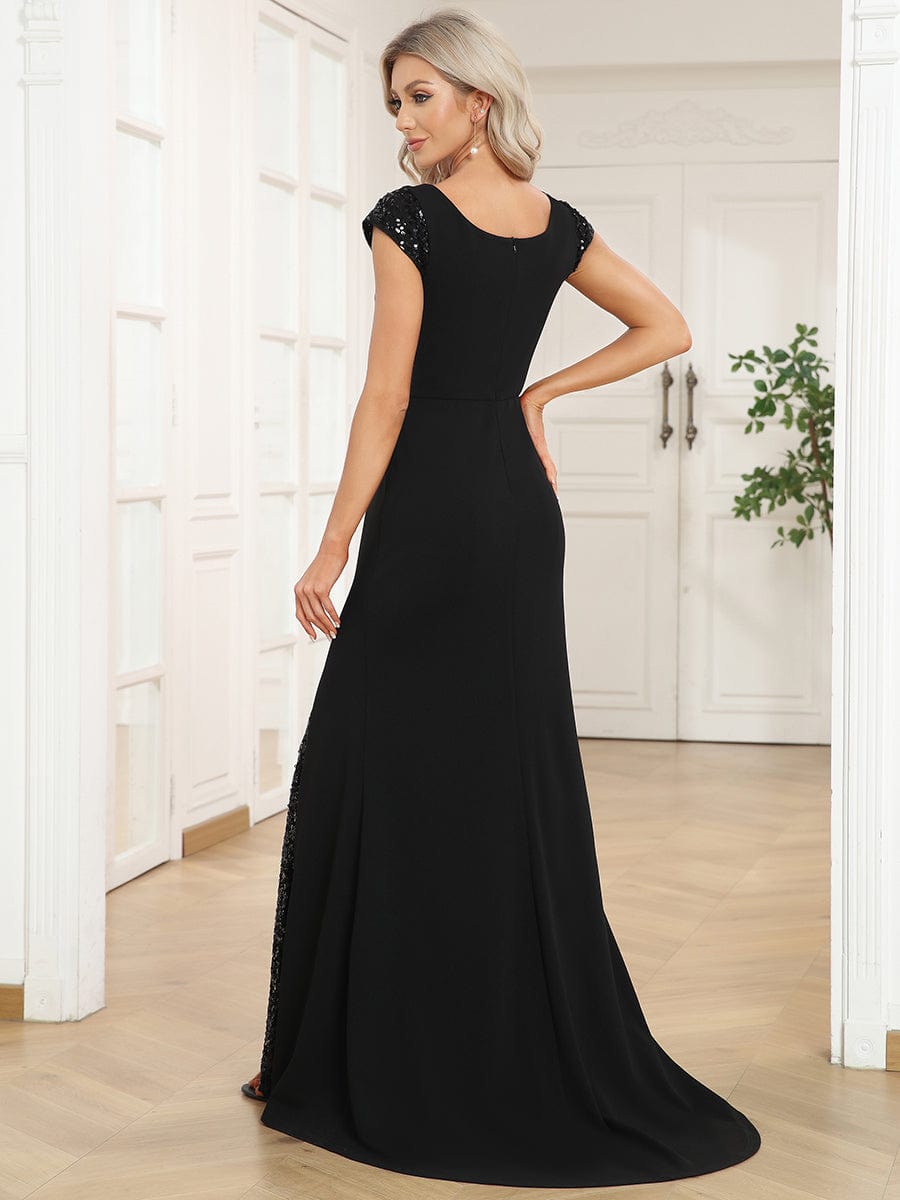 Sequin Cap Sleeve V-Neck A-Line Evening Dress #Color_Black