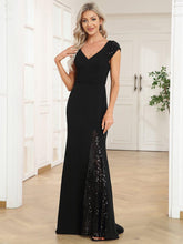 Sequin Cap Sleeve V-Neck A-Line Evening Dress #Color_Black